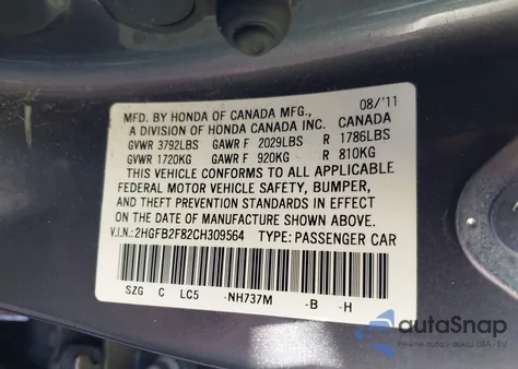 2012 Honda Civic Ex z USA, uszkodzony, nr VIN 2HGFB2F82CH309564